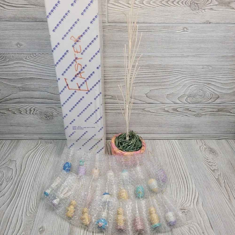 Easter Tree Ornaments Set White Twig Tree Woven Basket Pastel Eggs Rabbits Bunny